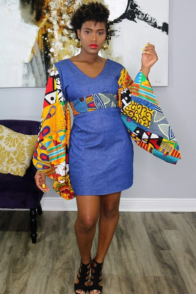 African Print - Adanma Denim Patch Bell Dress